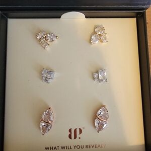 Bomb Party Simply Studs CZ Earring Set 3 Pair Everyday Diamond Look Mixed Metal